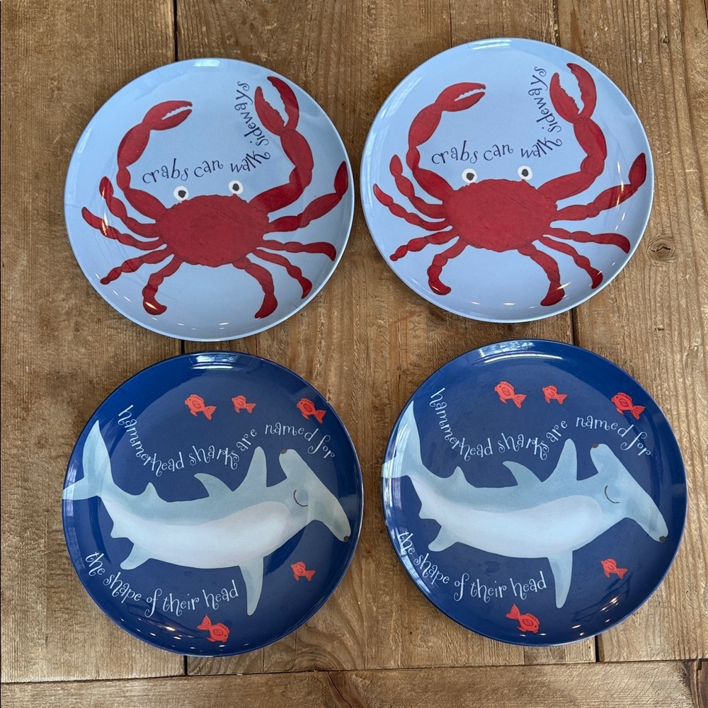 Pottery Barn Kids Shark Crab Plates Cups Placemats - 2 sets of 4